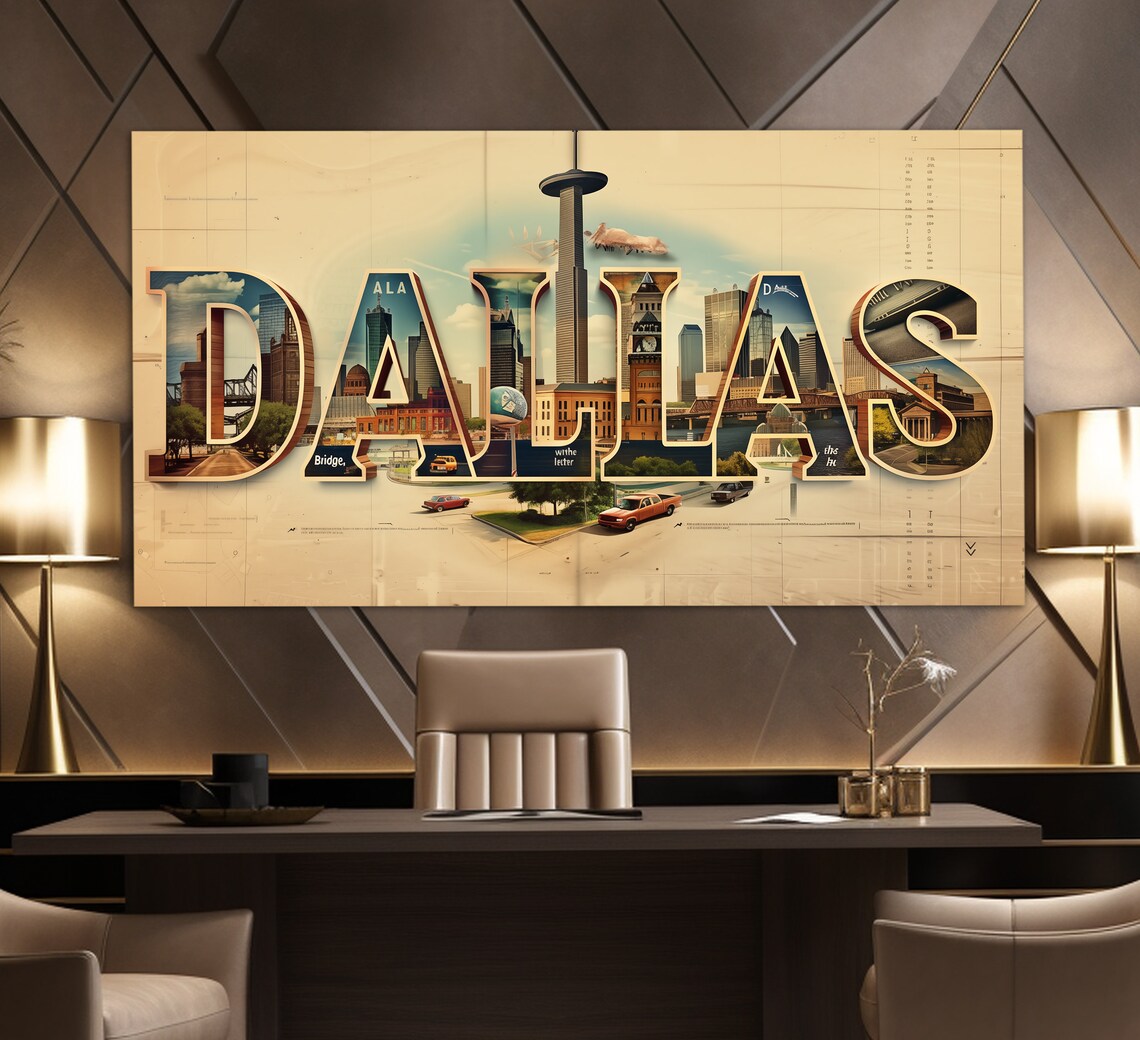 Dallas Texas Landmark Letters City Collage Vintage Style Travel Poster