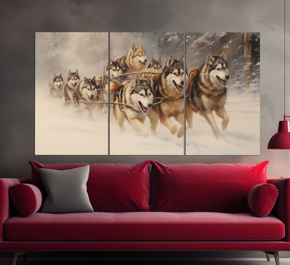 Sled Dog Team Running Through Snowy Forest Winter Oil Painting Poster - Image 3