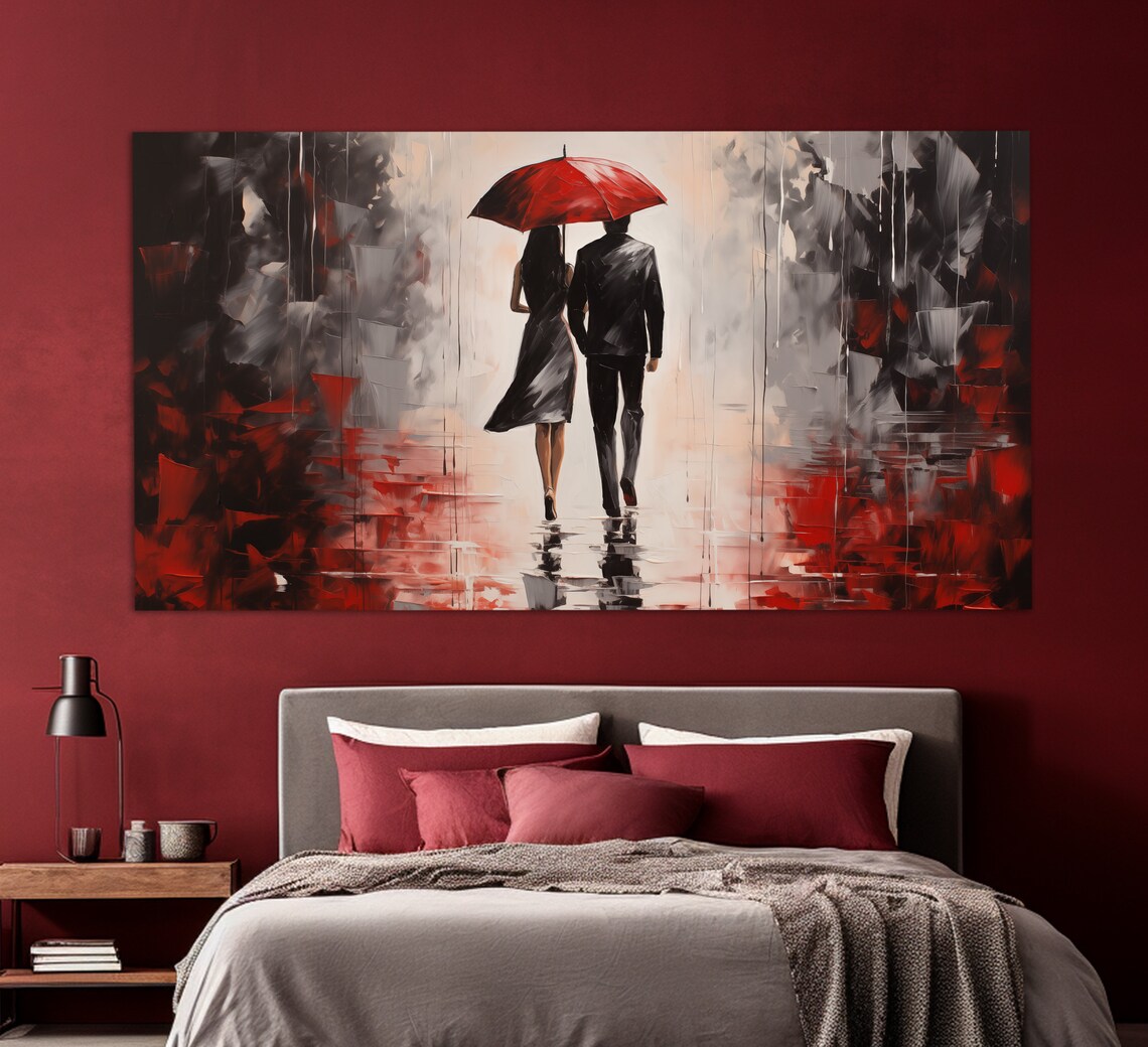 Romantic Couple With Red Umbrella, Love Art Print