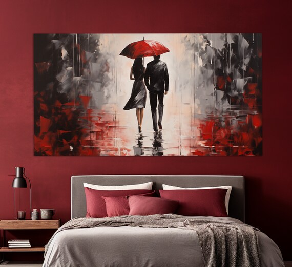 Romantic Couple With Red Umbrella, Love Art Print