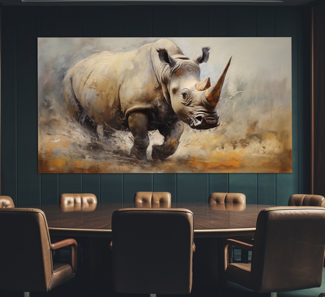 Charging Rhinoceros Neutral Beige Oil Painting Wildlife Wall Art - Image 4