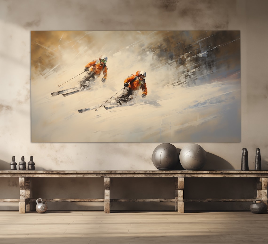 Downhill Skiers Racing Orange Jackets Snow Spray Oil Painting Poster