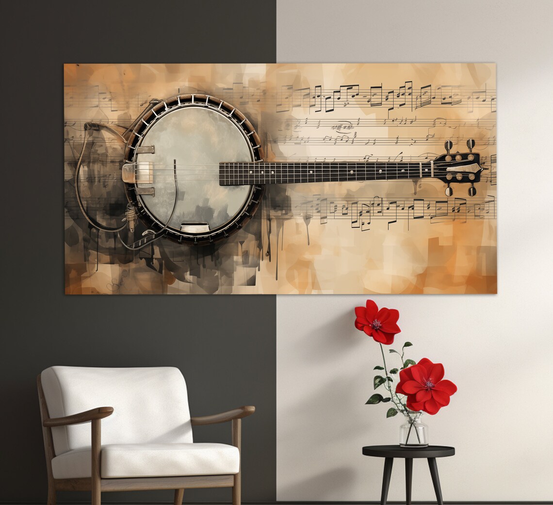 Vintage Banjo On Sheet Music Sepia Oil Painting Musician Gift Wall Art - Image 4