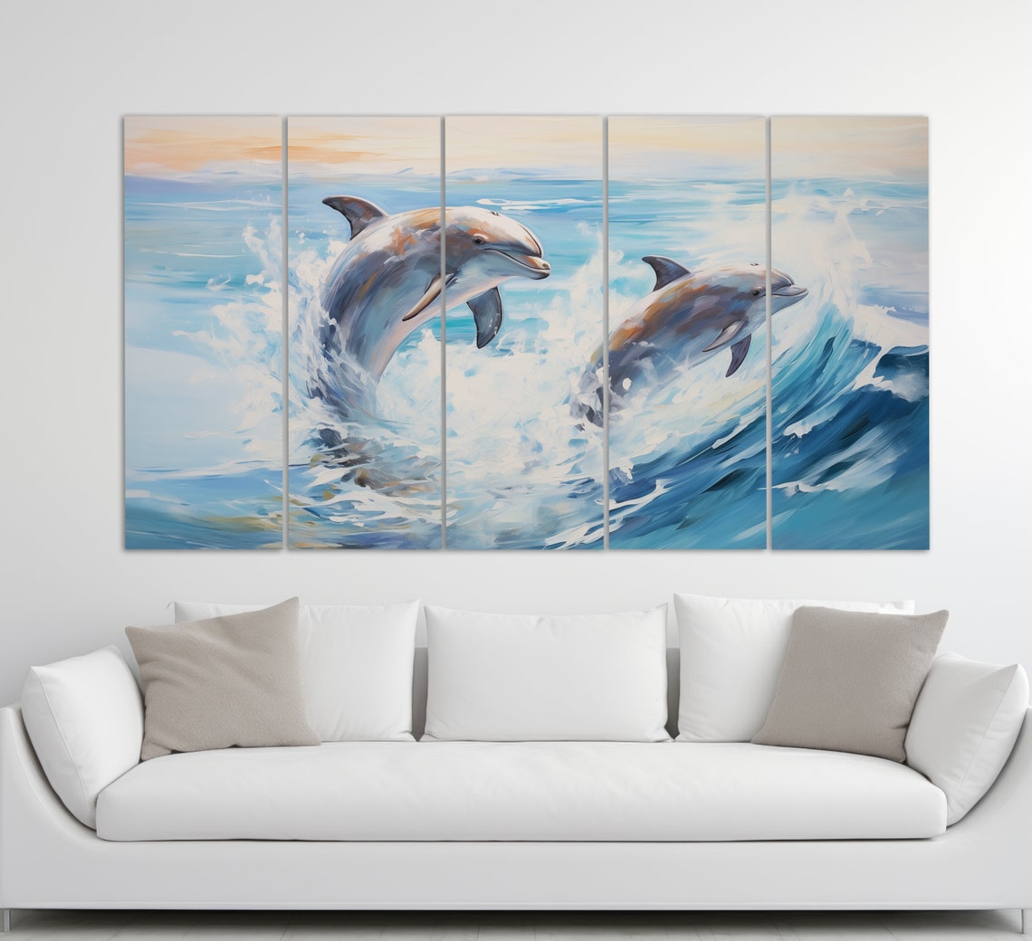 Dolphin Pair Leaping Ocean Waves Sunrise Blue Oil Painting Wall Art - Image 4