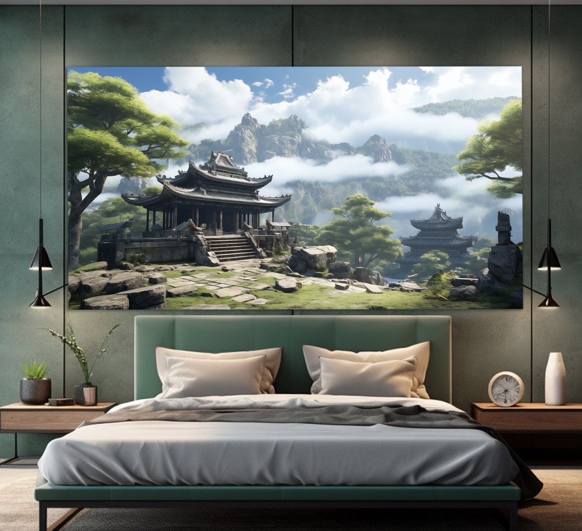 Ancient Buddhist Temple In Mountains Print Buddhism Wall Art Buddhist Temple Painting Buddhist Art