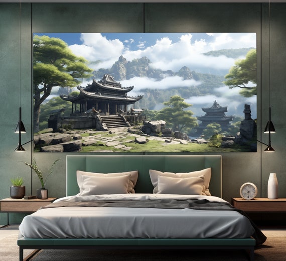 Ancient Buddhist Temple In Mountains Print Buddhism Wall Art Buddhist Temple Painting Buddhist Art