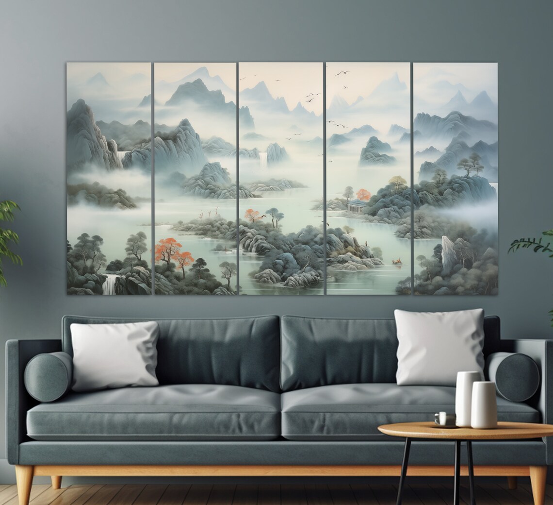 Misty Chinese Ink Wash Mountains Waterfalls Autumn Trees Nature Poster - Image 5
