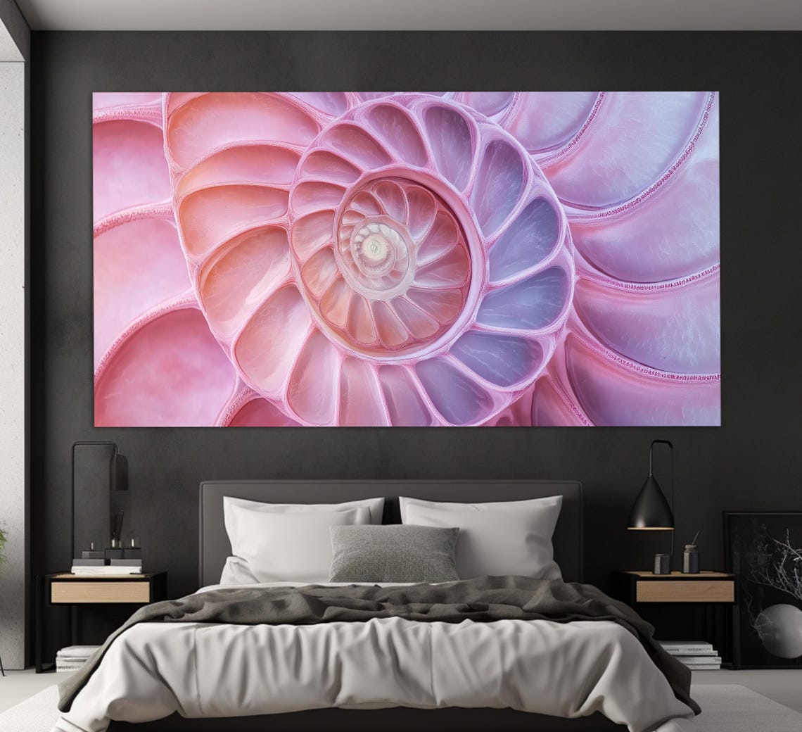 Pink Nautilus Shell Spiral Close Up Macro Photography Ocean Wall Art