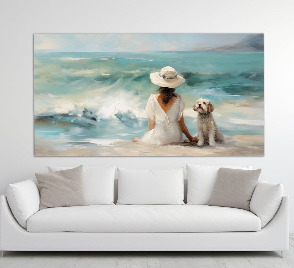 Woman With Dog on the Beach, Vintage Oil Print