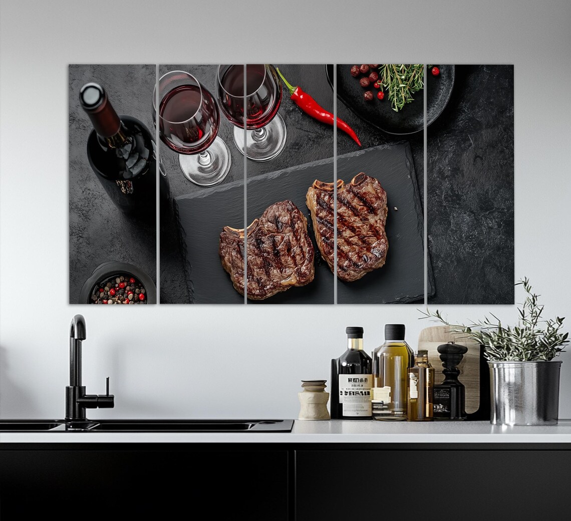 Grilled Ribeye Steaks Red Wine Dark Slate Food Photography Wall Art Poster - Image 5