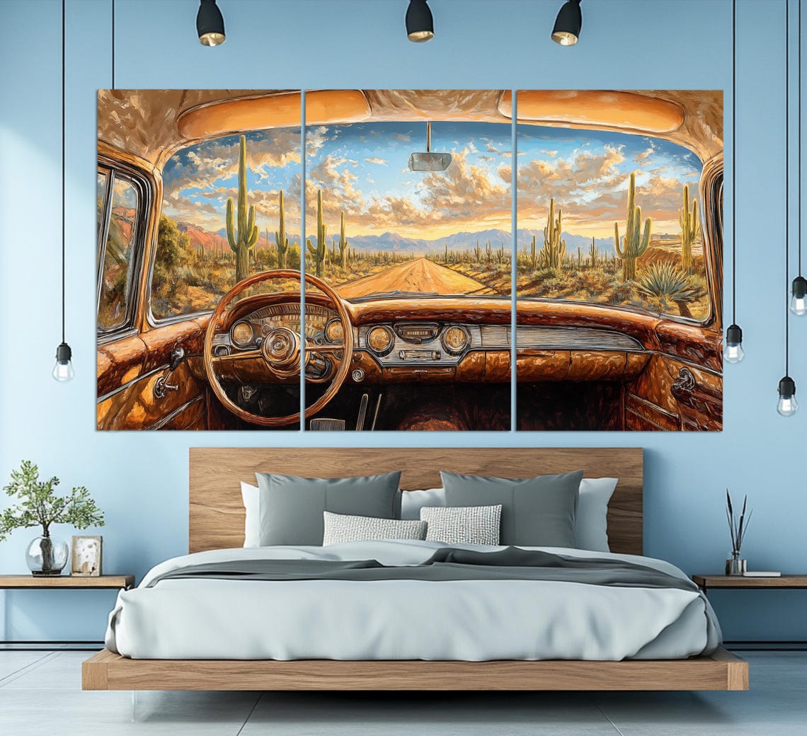 Vintage Car Desert Road Saguaro Cactus Sunset Driver View Poster - Image 2