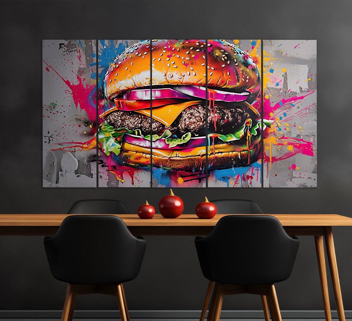 Graffiti Cheeseburger Pop Art Splatter Colorful Kitchen Wall Art - Image 2
