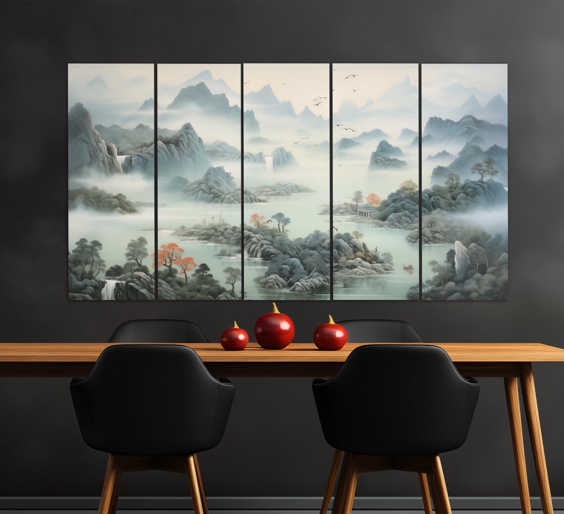 Misty Chinese Ink Wash Mountains Waterfalls Autumn Trees Nature Poster - Image 2