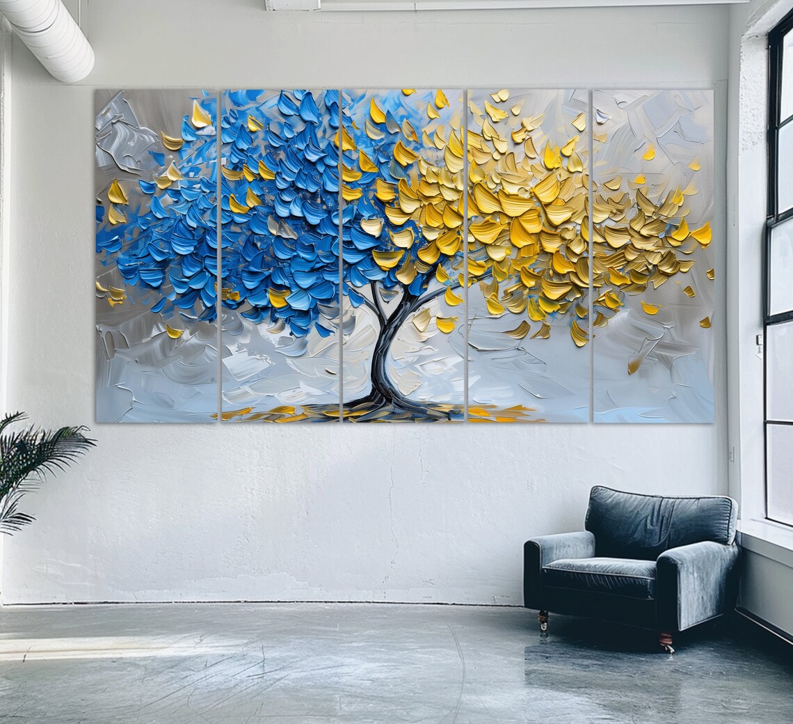 Abstract Blue And Yellow Tree, Oil Painting Art Print - Image 4