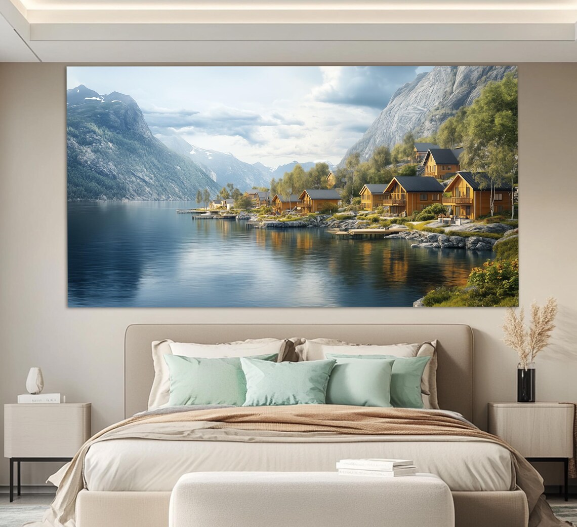 Norwegian Fjord Village Wooden Cabins By Calm Water And Cliffs Poster