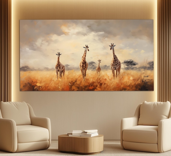 Giraffes Walking Through Golden African Savannah Vintage Oil Painting Wall Art Print