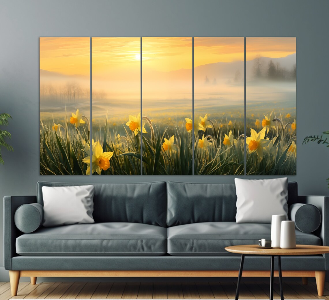 Foggy Dawn Over Narcissus Field, Romantic Art Print - Image 3