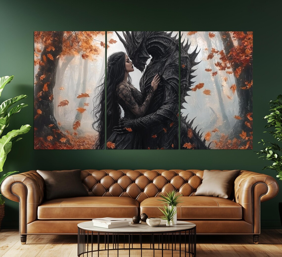 Woman Embracing Dark Beast In Autumn Forest Gothic Fantasy Romance Poster - Image 2