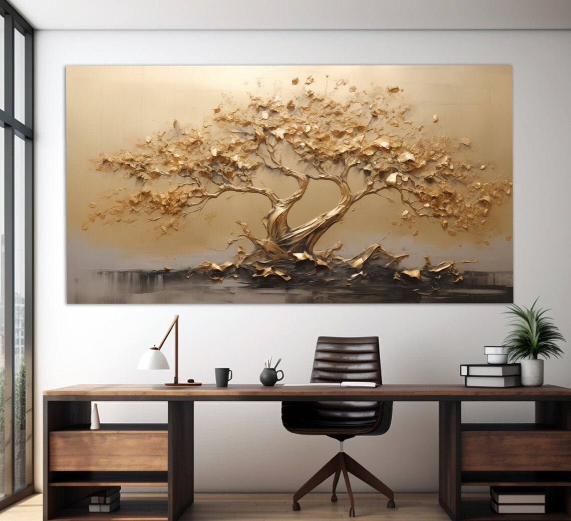 Golden Bonsai Tree Abstract Painting, Office Art Print - Image 2