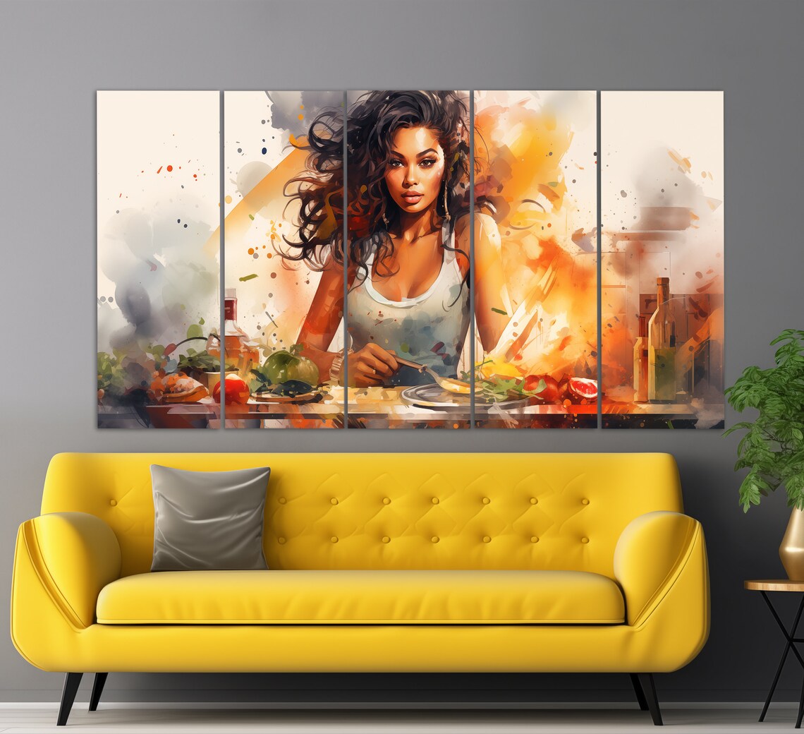 Woman Cooking In Warm Kitchen Watercolor Splashes Of Orange And Gold Print - Image 5
