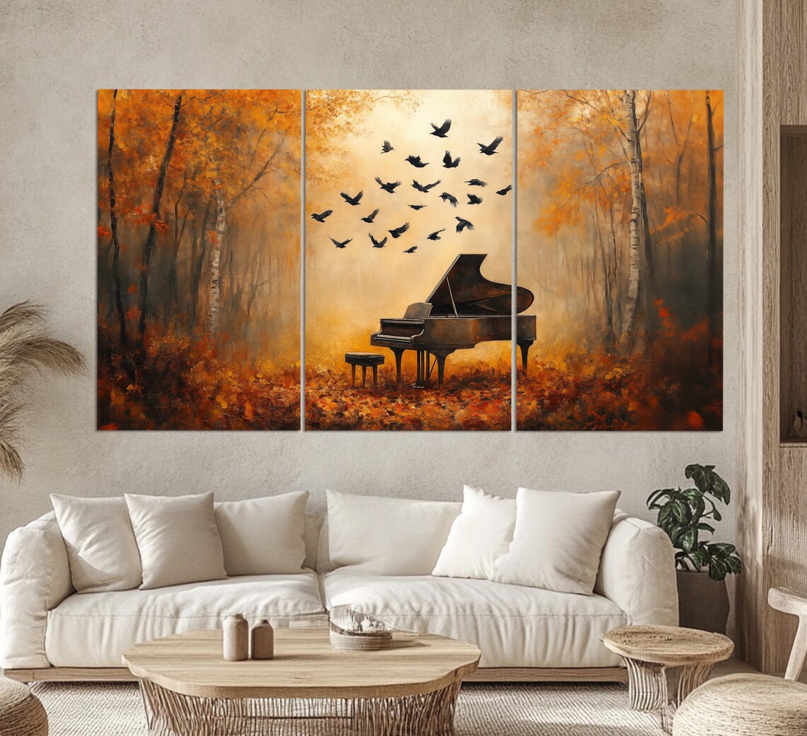 Grand Piano Autumn Forest Birds Golden Oil Painting Style Music Poster - Image 6