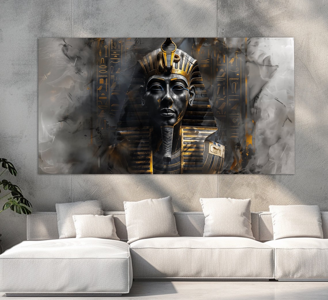 Tutankhamun Pharaoh Golden Mask Hieroglyph Art Luxurious Black Poster