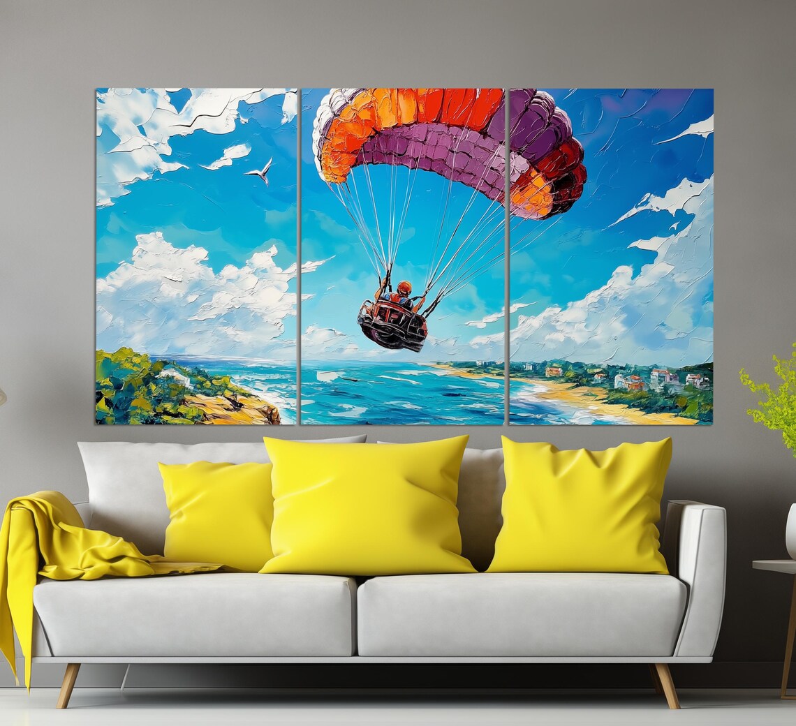 Colorful Paraglider Flying Over Coastal Beach Town Aerial View Poster - Image 6
