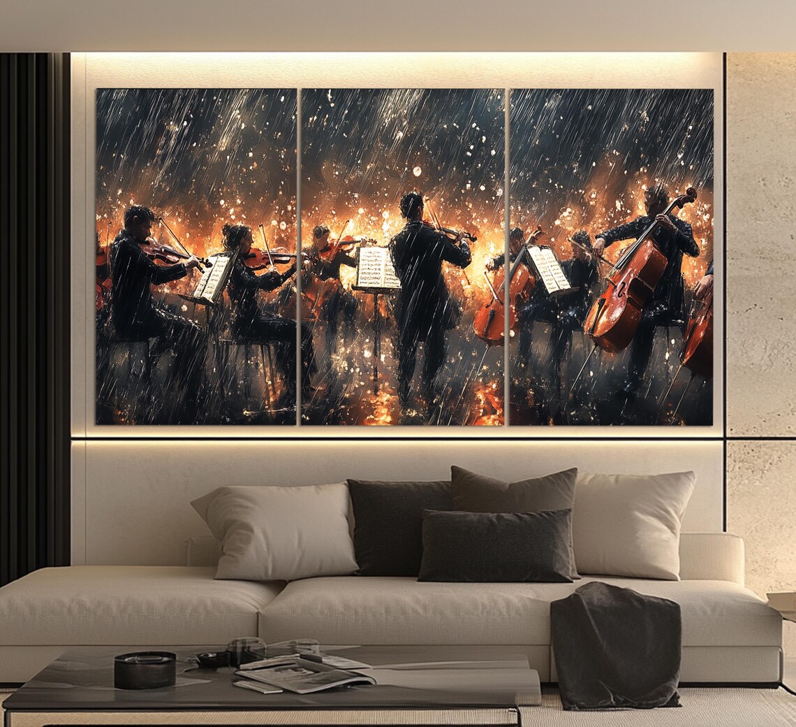 Symphony Orchestra Playing In Rainy Night Glowing Embers Classical Music Poster - Image 2