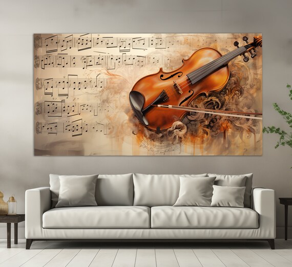 Vintage Violin And Bow On Sheet Music Notes Sepia Oil Painting Wall Art