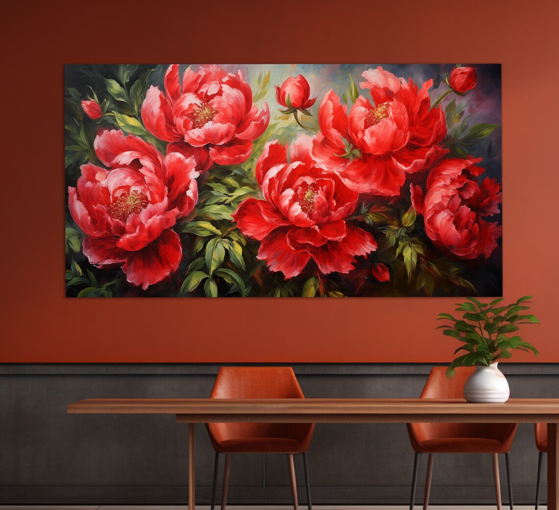 Red Peonies Abstract Floral Art Print, Romantic Decor