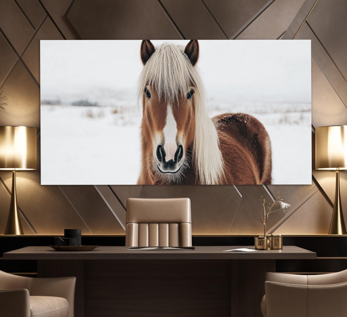 Chestnut Horse White Mane Portrait Snow Winter Field Painting Poster