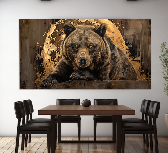 Grizzly Bear Resting Before Golden Full Moon Dramatic Wildlife Art Poster