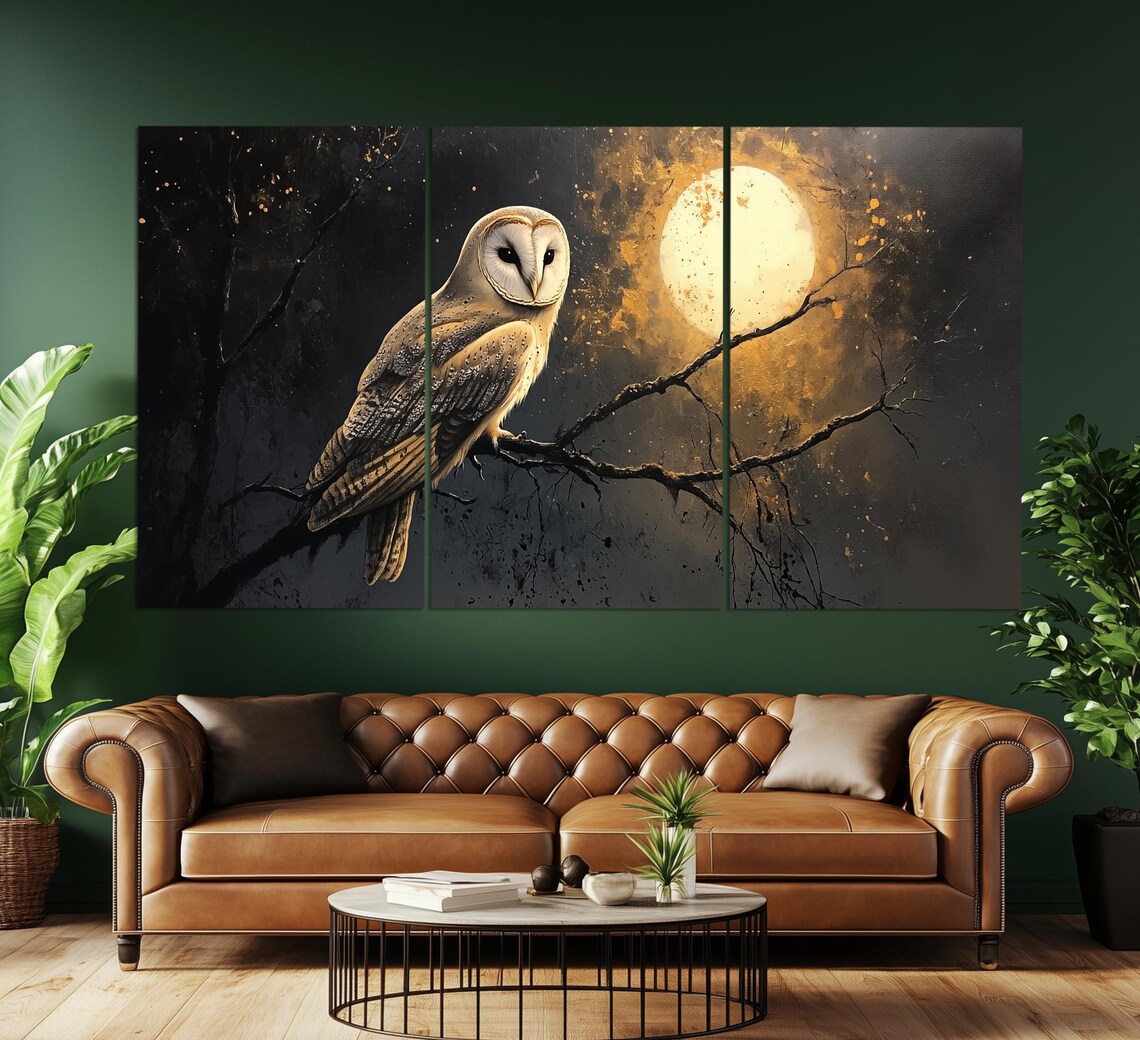 Barn Owl On Branch At Night With Golden Full Moon Vintage Style Poster - Image 3