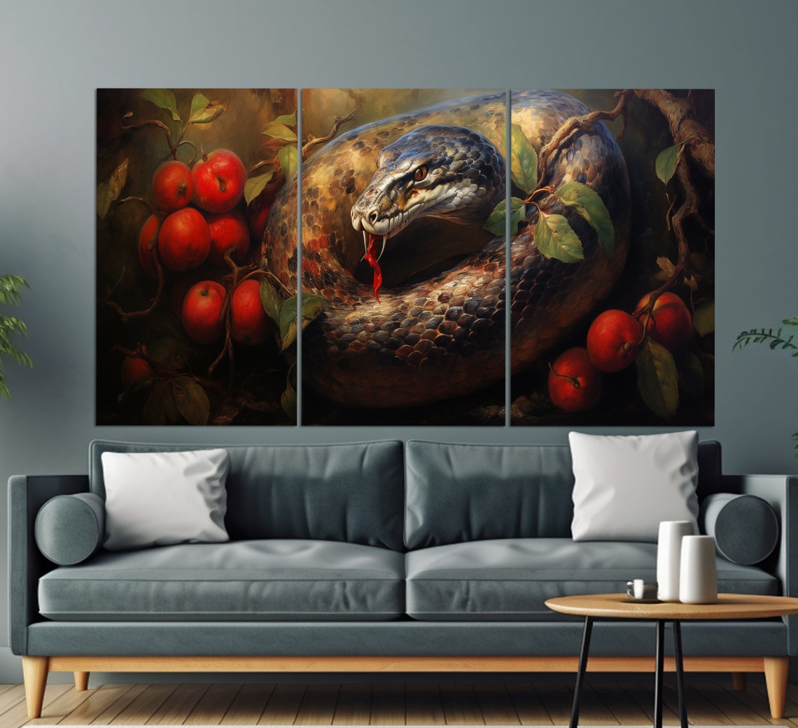 Coiled Python Snake Among Red Apples Vintage Oil Painting Art Poster - Image 2