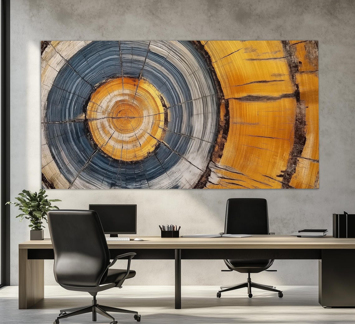 Golden Mustard And Slate Blue Tree Rings Cross Section Wall Art Poster - Image 6