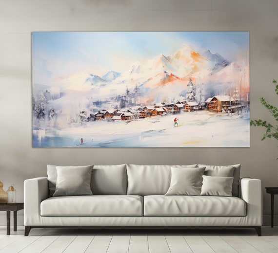 Ski Resort Print In A Vintage Oil Painting Style Winter Resort Wall Art Neutral Colours Skiing Painting Winter Resort Art