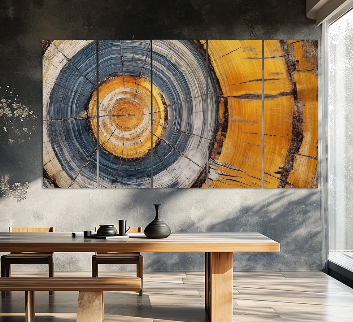 Golden Mustard And Slate Blue Tree Rings Cross Section Wall Art Poster - Image 2
