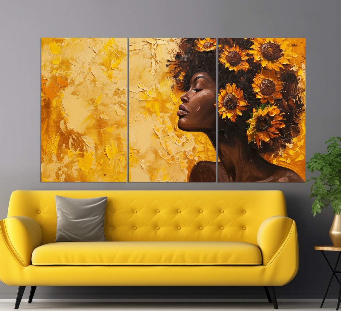 African Woman With Sunflowers In Hair Print In An Vintage Oil Painting Style African Wall Art Ethnic Woman Painting Modern Decor - Image 3