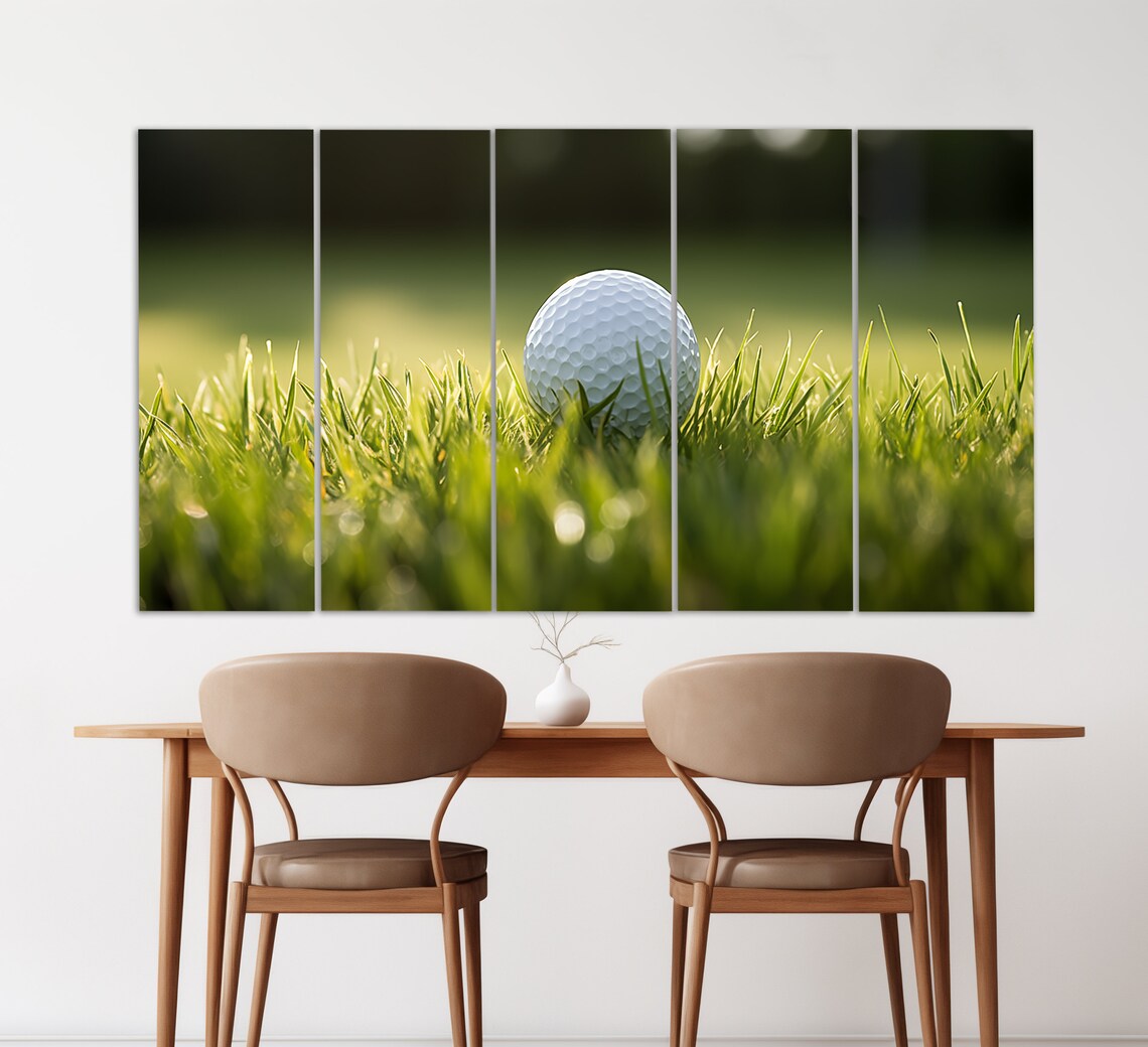 Golf Ball On Dewy Green Grass Sunrise Fairway Photography Wall Art - Image 2