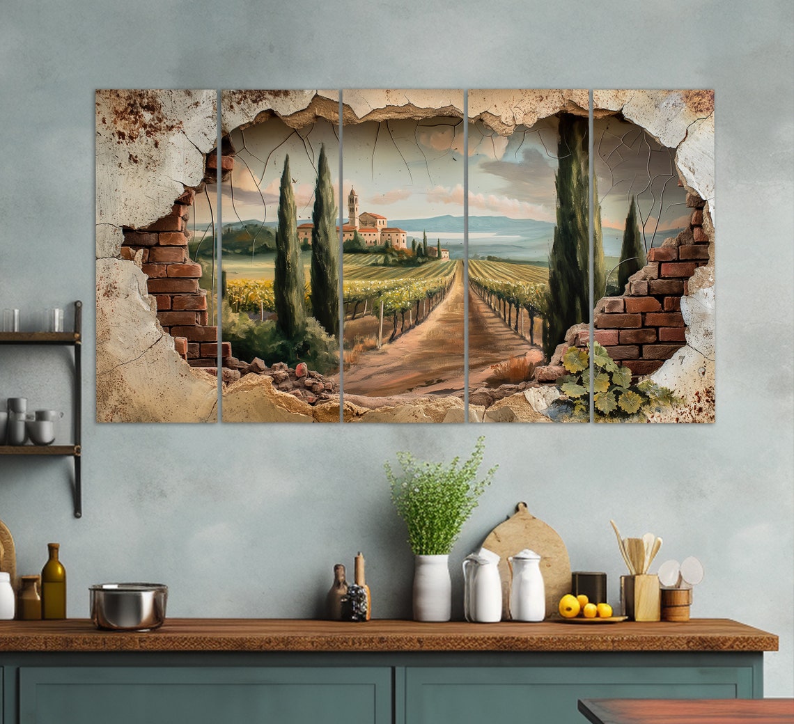Tuscany Wall Art Faux Hole In The Wall Print Tuscan Vineyards Art Wine Wall Art Tuscany Painting Vintage Italy Print - Image 2