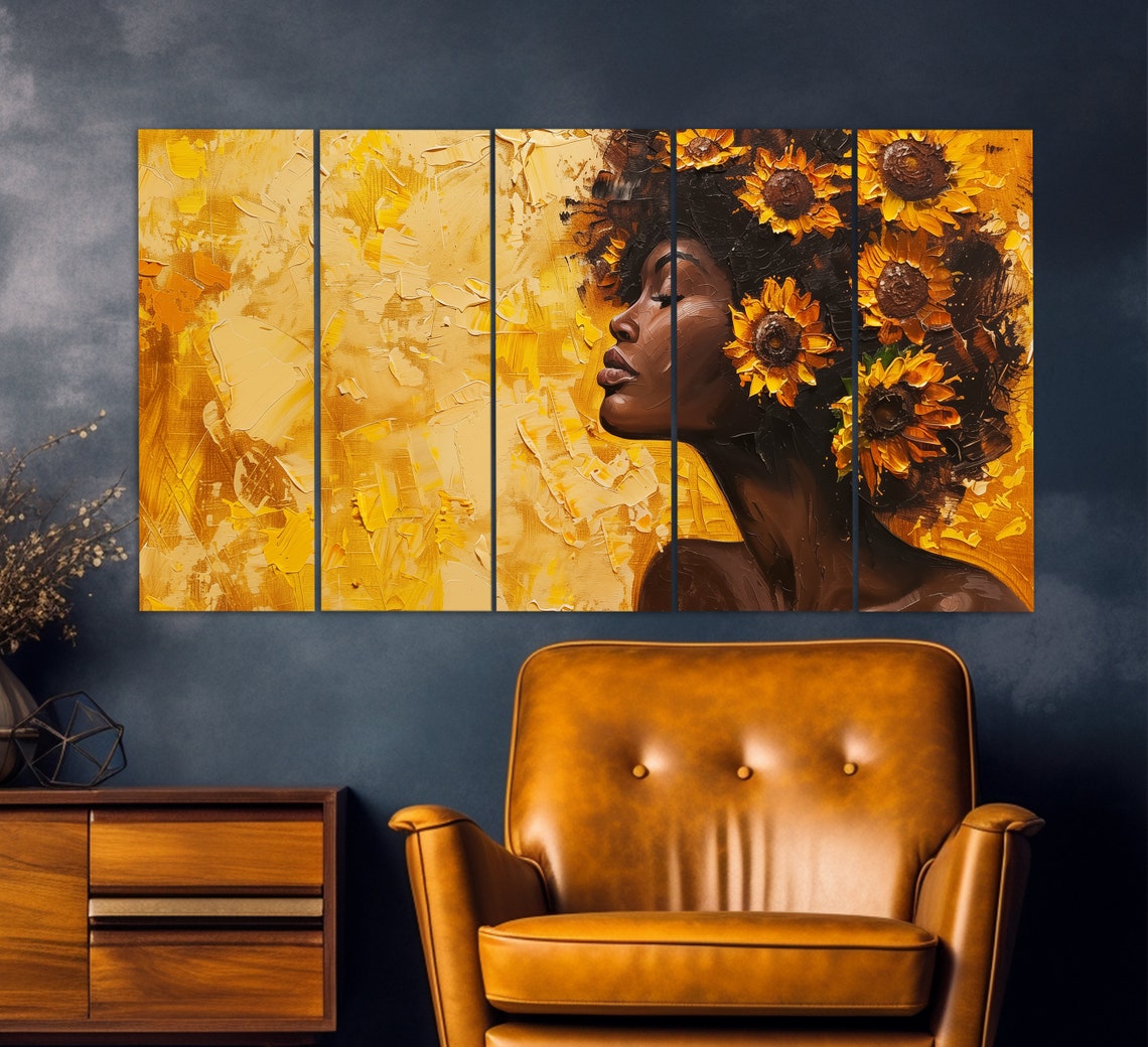 African Woman With Sunflowers In Hair Print In An Vintage Oil Painting Style African Wall Art Ethnic Woman Painting Modern Decor - Image 2