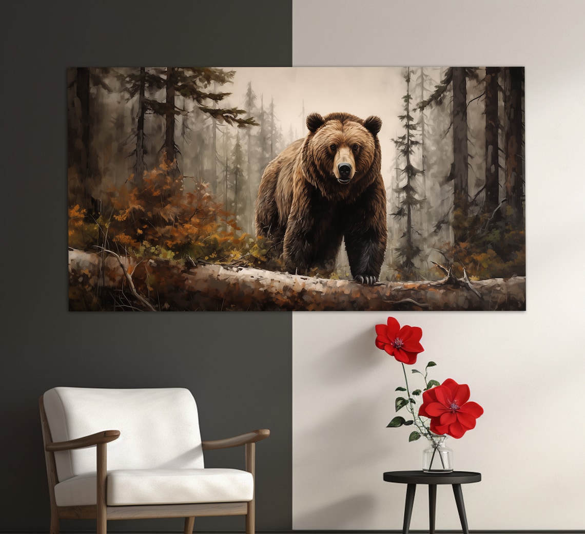 Grizzly Bear in Misty Forest, Wild Animals Art Print - Image 3