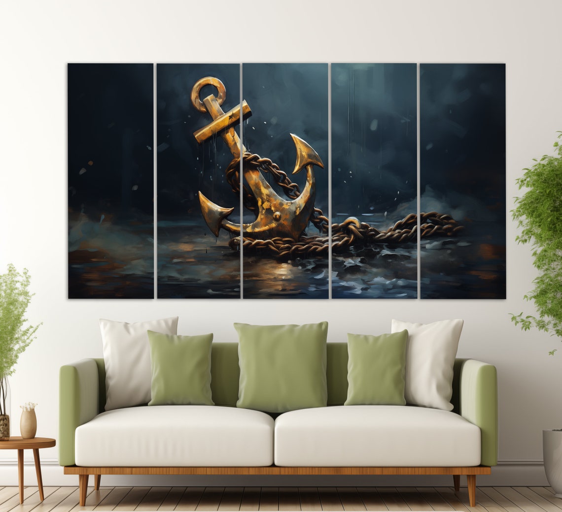 Golden Anchor Chain Dark Teal Ocean Moody Nautical Art Poster - Image 2