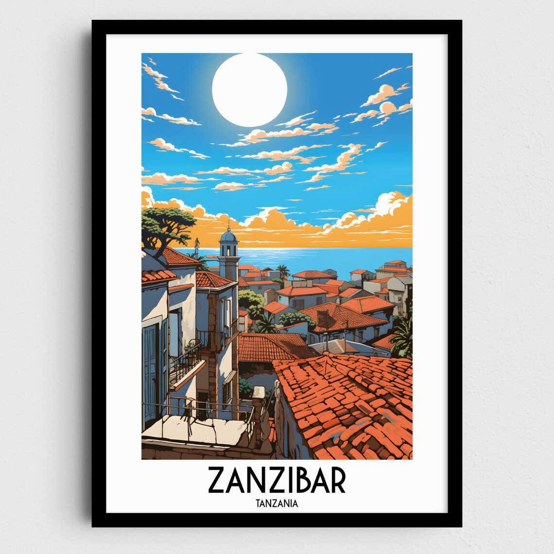 Zanzibar Tanzania Stone Town Red Roofs Coastal Sun Travel Poster