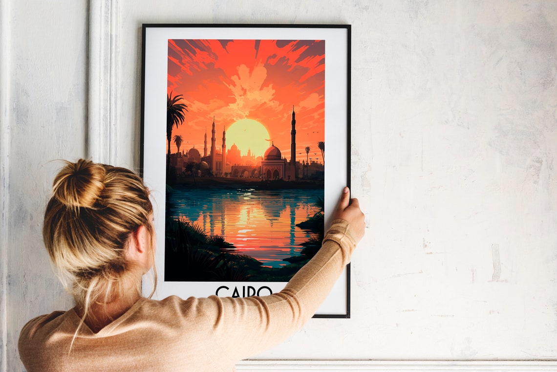 Cairo Egypt Mosque Skyline Sunset River Reflection Travel Poster - Image 2