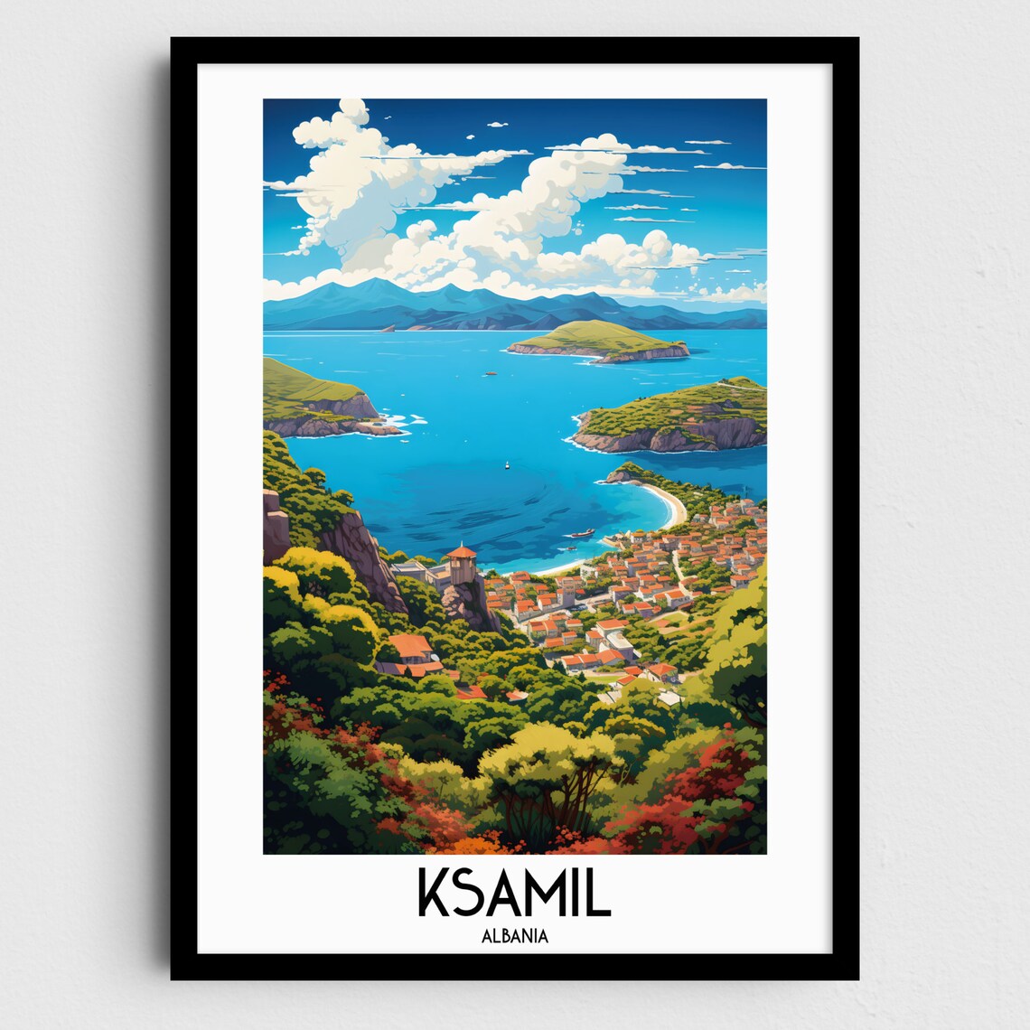 Ksamil Albania Ionian Coast Turquoise Bays Vintage Beach Travel Poster