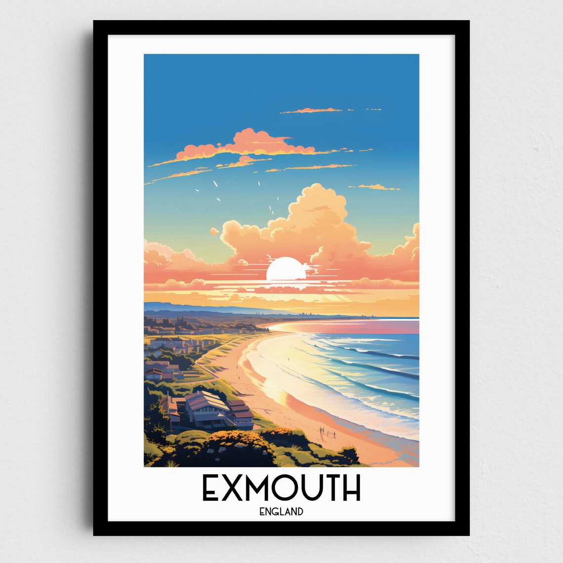 Exmouth England Sunset Beach Golden Sun Seaside Travel Art Poster