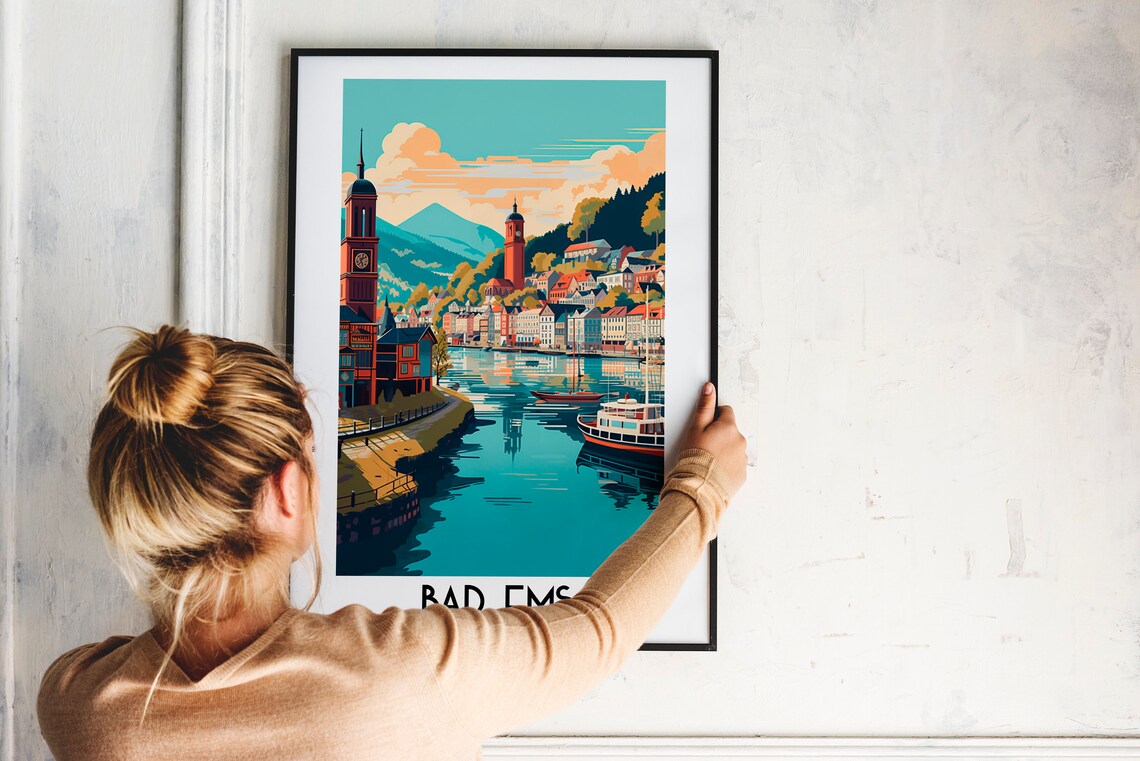 Bad Ems Germany Riverside Vintage Spa Town Twin Church Towers Poster - Image 2