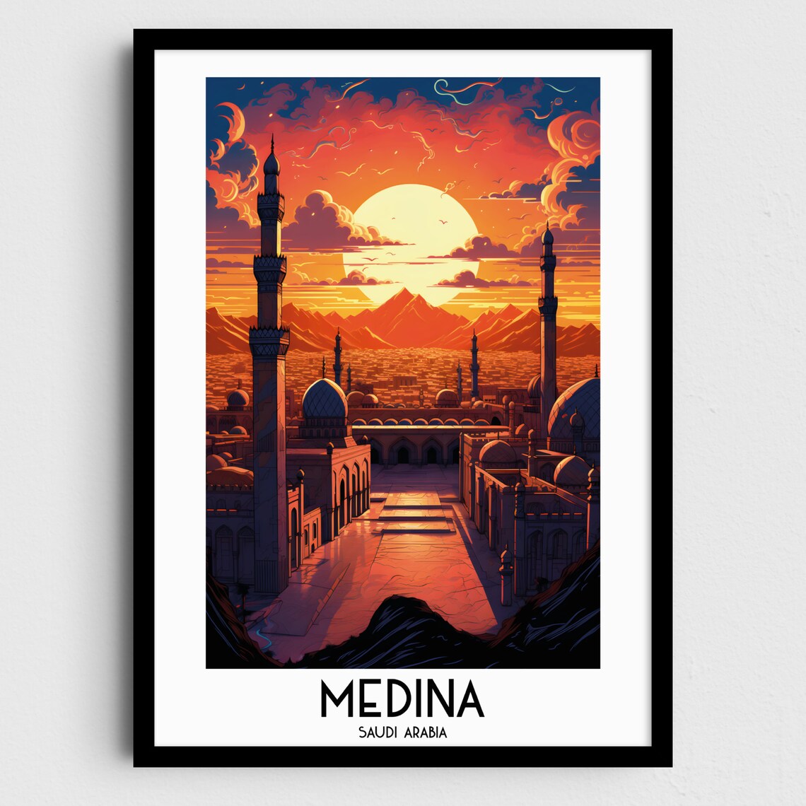 Medina Saudi Arabia Mosque Minarets Fiery Sunset Skyline Travel Poster