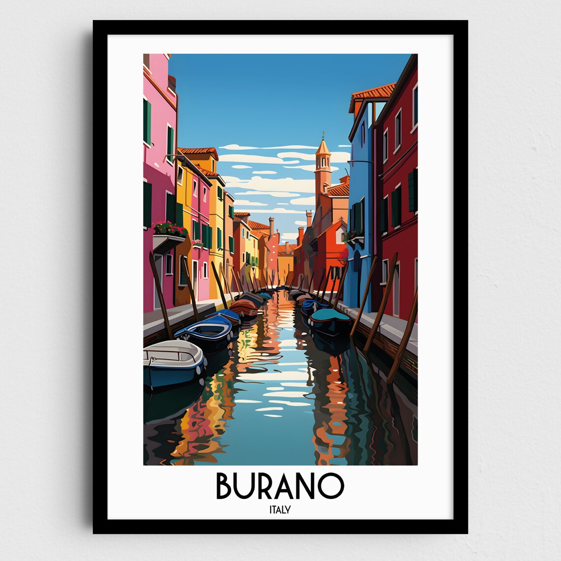Burano Italy Colorful Canal Houses Boats Waterfront Travel Poster